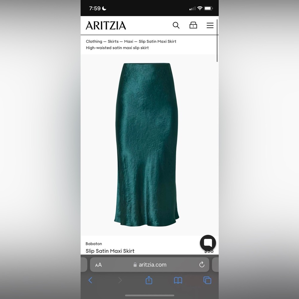Aritzia Babaton Slip Satin midi Skirt in deep pandora green 6 small medium